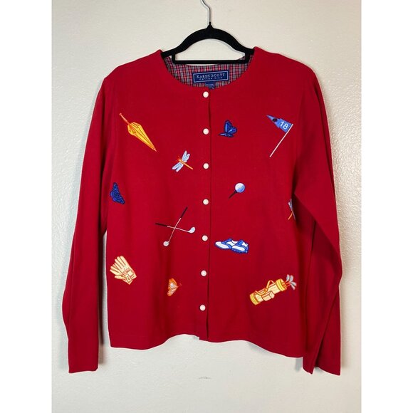 Karen Scott Red Golf Button Up Cardigan Medium Novelty Embroidered Long sleeve - Picture 15 of 16